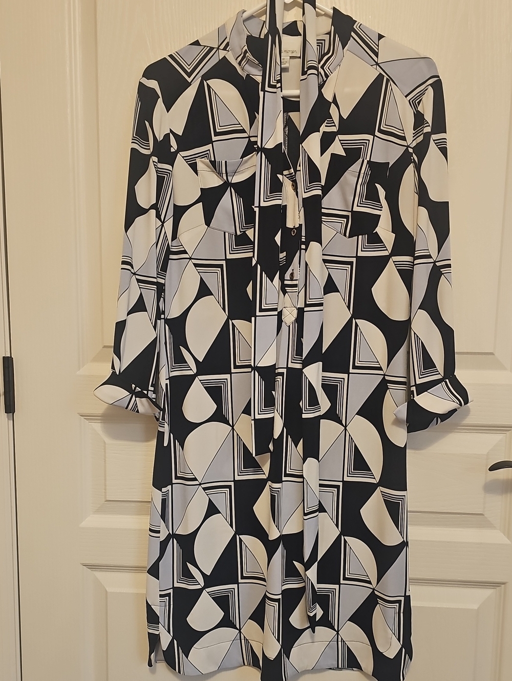 Donna Morgan Navy and White Geometric Belted Shirt Dress